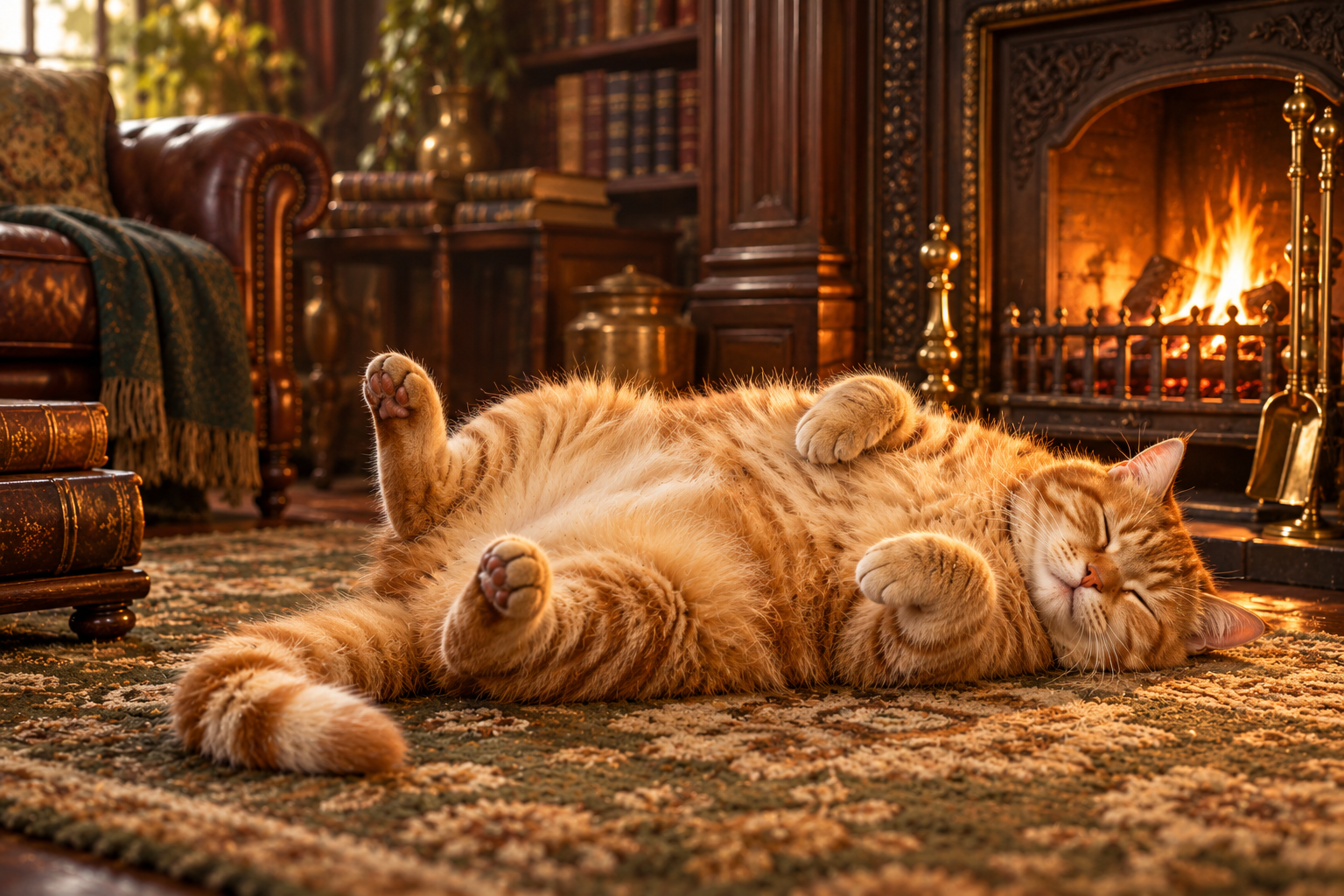 A stout ginger cat sleeping by the fire