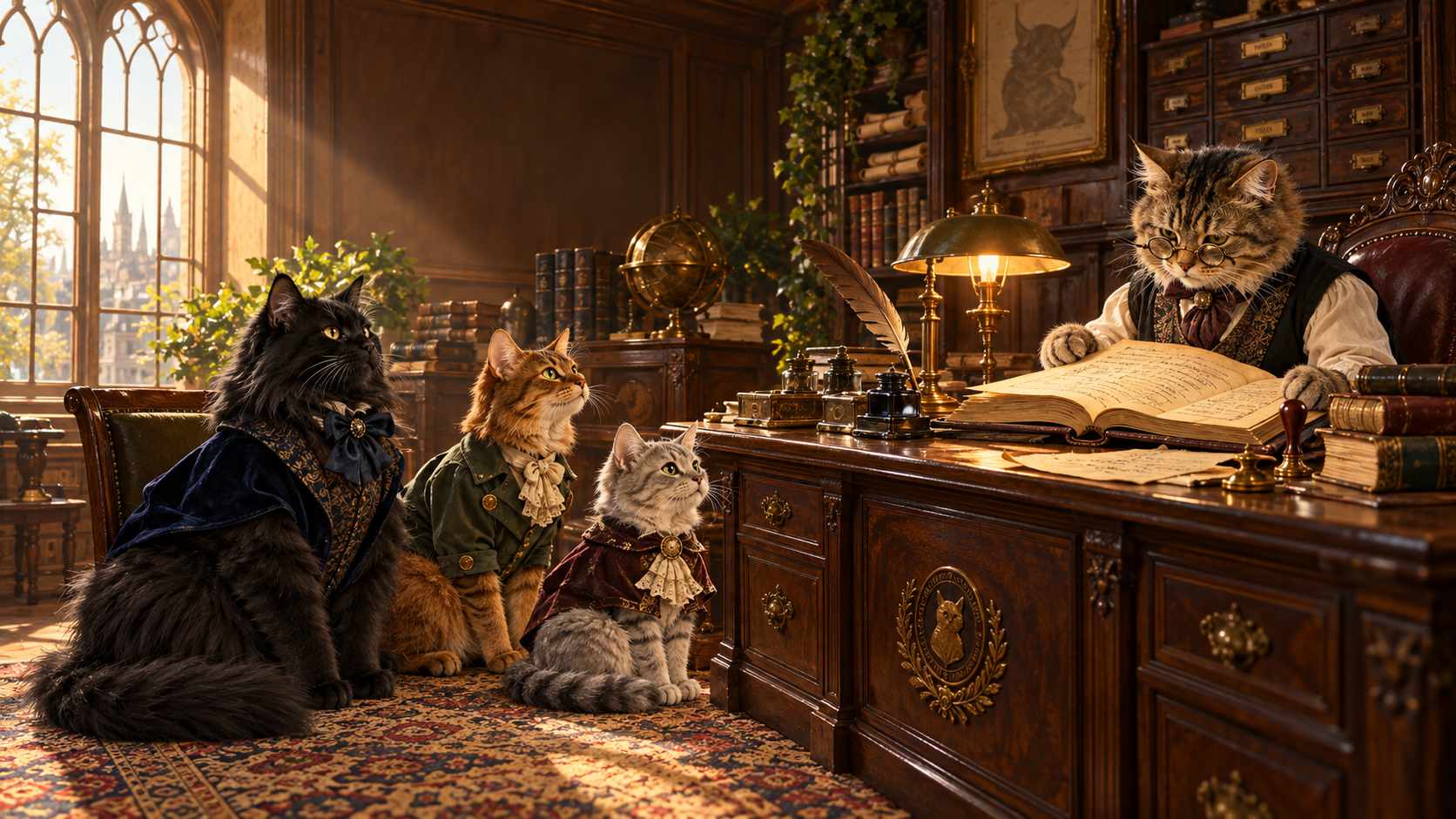 Four cats. One sitting at a desk writing, the other three are looking on expectantly.